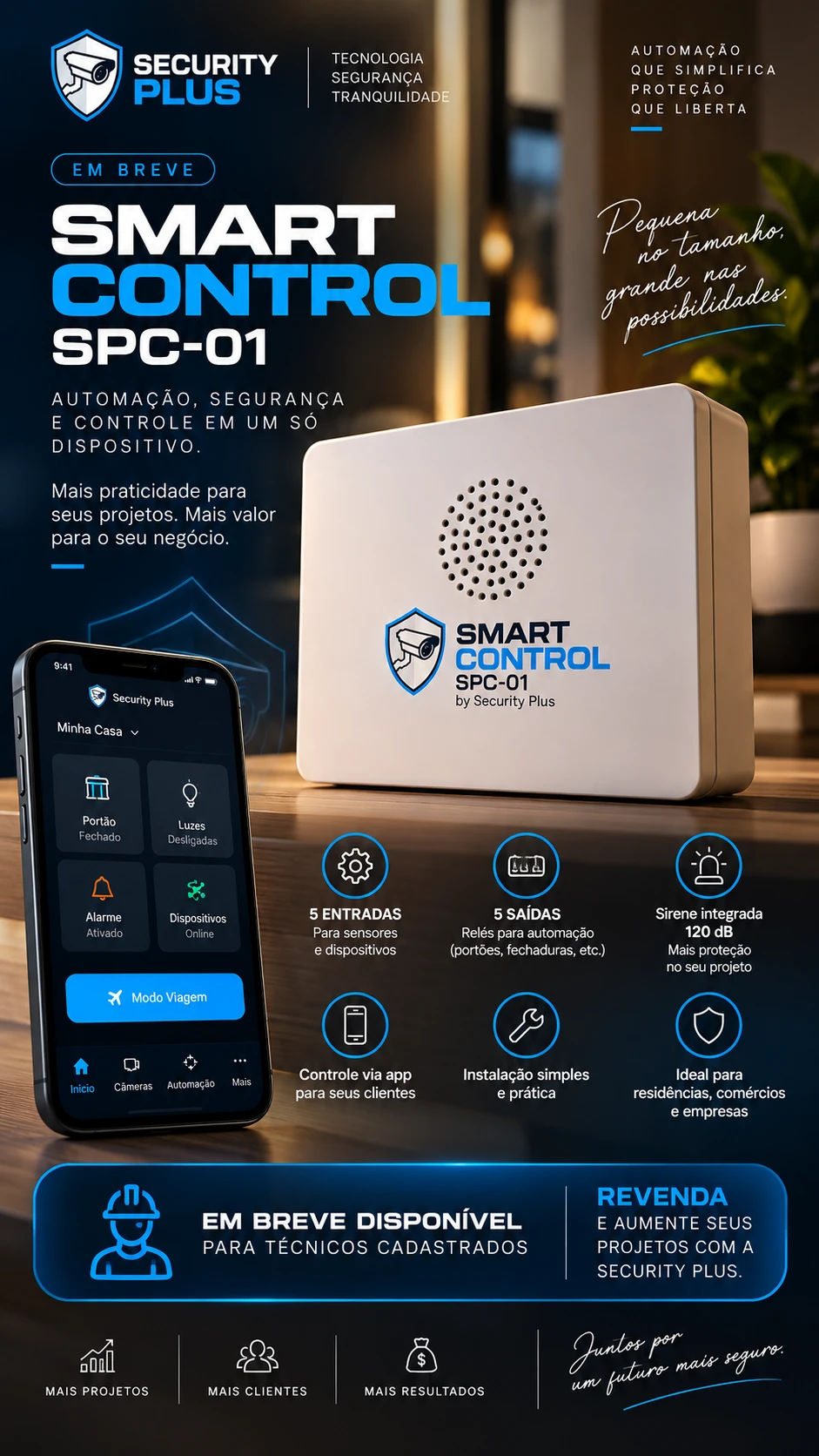 Material de divulgação da Smart Control SPC-01: 5 entradas, 5 saídas, sirene integrada de 120 dB, controle via app, em breve disponível para técnicos cadastrados